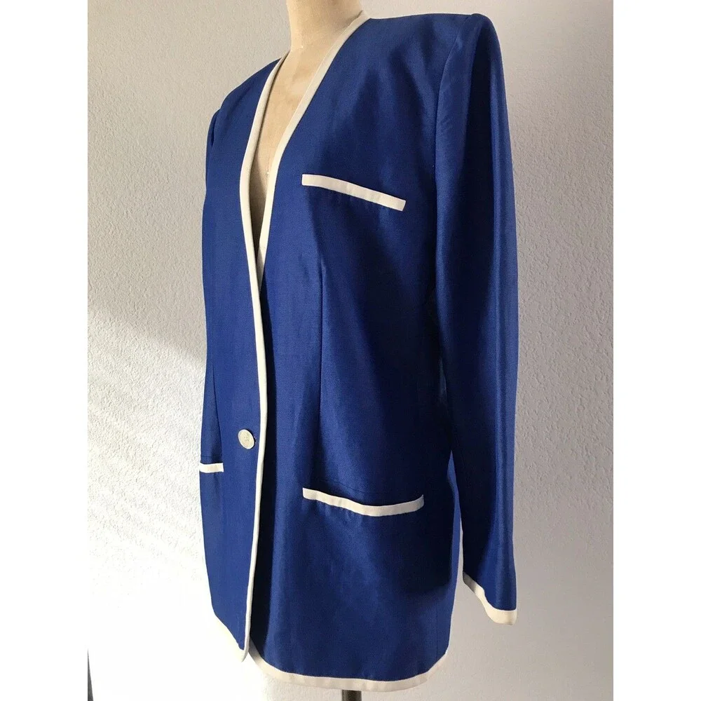 Vintage 1990s Blue Ramie Single Button Chic Blazer Jacket Womens Size M
